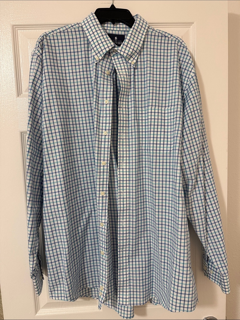 Stafford Travel Wrinkle Free Oxford Men's Blue & Green Plaid Button-Down Shirt